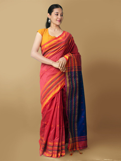 

Unnati Silks Red & Blue Woven Design Pure Linen Jamdani Saree
