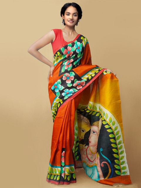 

Unnati Silks Women Red & Yellow Pure Handloom Block Printed Bengal Silk Sustainable Saree