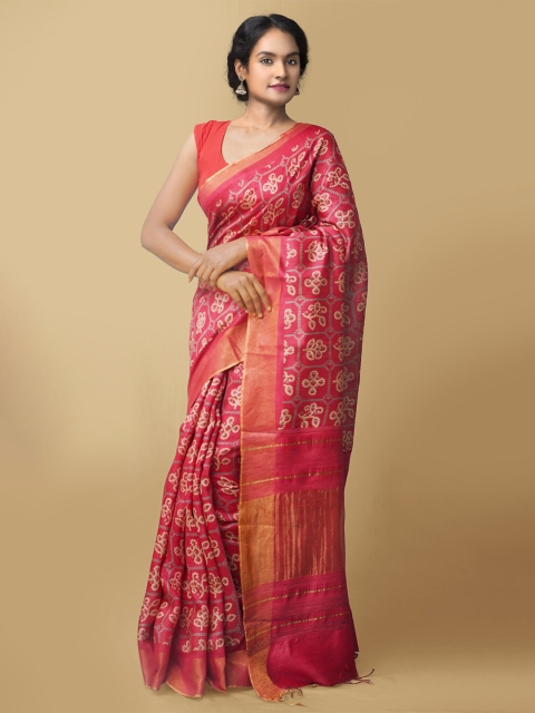 

Unnati Silks Red & Beige Bandhani Zari Pure Silk Mysore Silk Saree