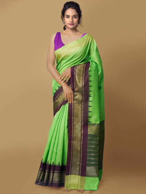 

Unnati Silks Green & Purple Woven Design Zari Silk Cotton Kanjeevaram Saree