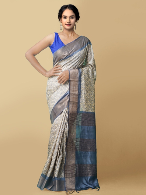 

Unnati Silks Blue & Beige Floral Zari Pure Silk Tussar Saree