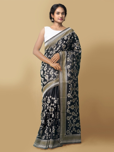 

Unnati Silks Black & White Floral Pure Silk Mysore Silk Saree