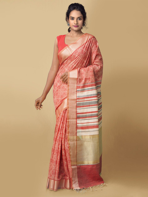 

Unnati Silks Red & Cream-Coloured Floral Zari Pure Silk Jamdani Saree