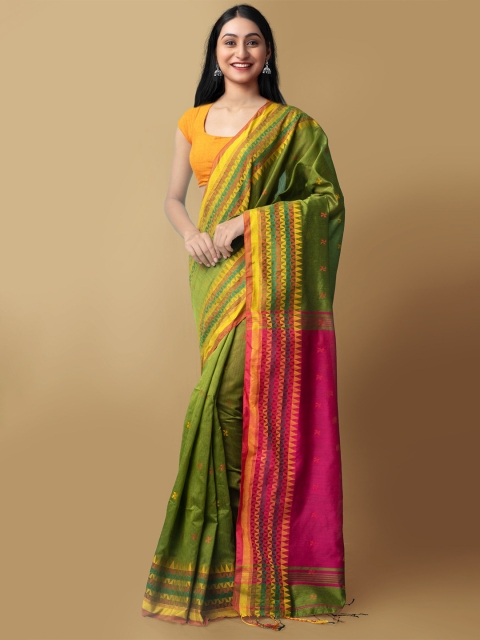 

Unnati Silks Green & Pink Pure Linen Jamdani Saree