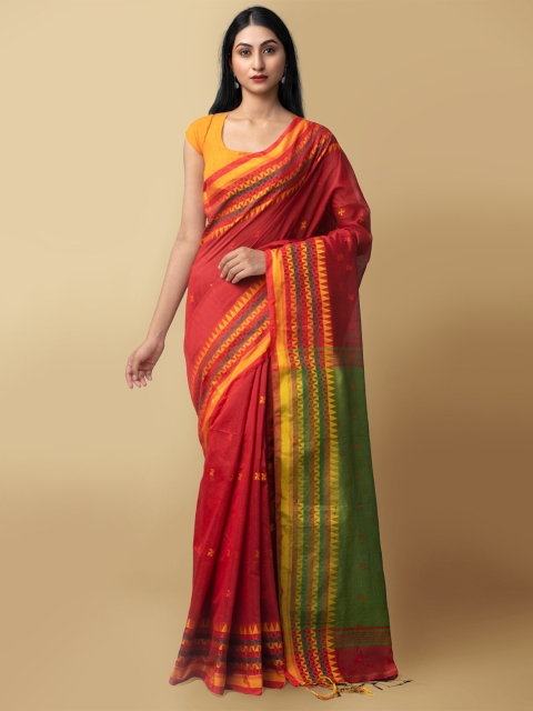

Unnati Silks Red & Green Pure Linen Jamdani Saree