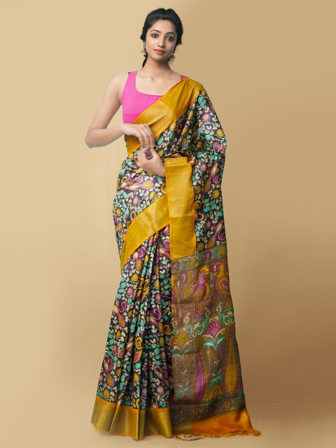 

Unnati Silks Black & Yellow Floral Zari Pure Silk Tussar Saree