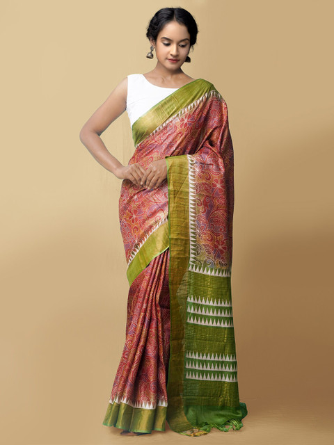 

Unnati Silks Red & Green Floral Printed Zari Pure Silk Tussar Saree