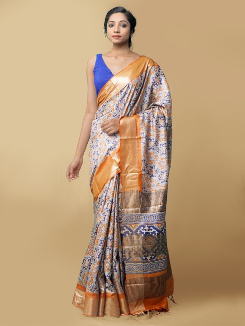 

Unnati Silks Blue & Orange Floral Zari Pure Silk Tussar Saree
