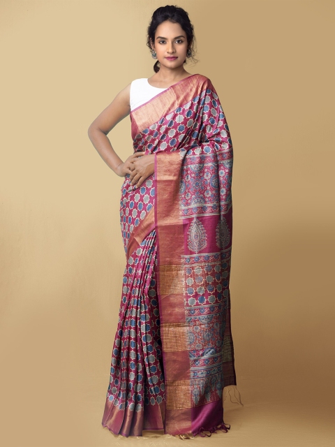 

Unnati Silks Purple & Blue Zari Pure Silk Tussar Saree