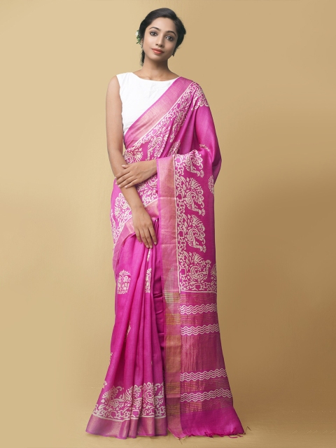 

Unnati Silks Pink & White Ethnic Motifs Zari Pure Silk Muga Saree