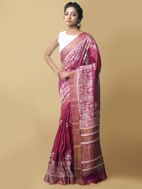 

Unnati Silks Burgundy & White Ethnic Motifs Zari Pure Silk Tussar Saree