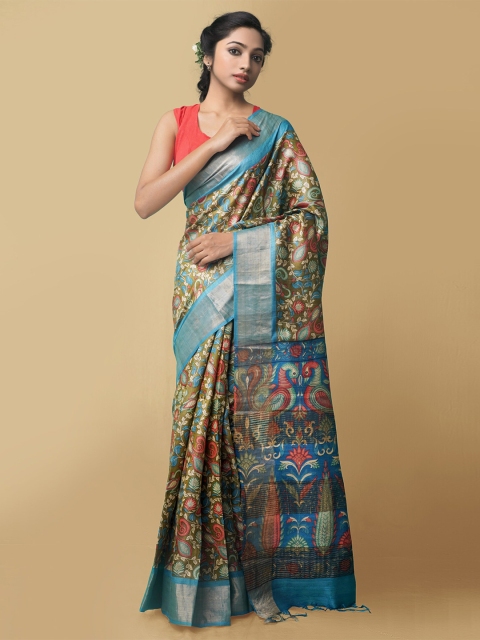 

Unnati Silks Green & Blue Ethnic Motifs Zari Pure Silk Tussar Saree