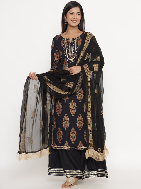 

Fabriko Women Navy Blue & Gold-Toned Ethnic Motifs Printed Kurta with Sharara & Dupatta