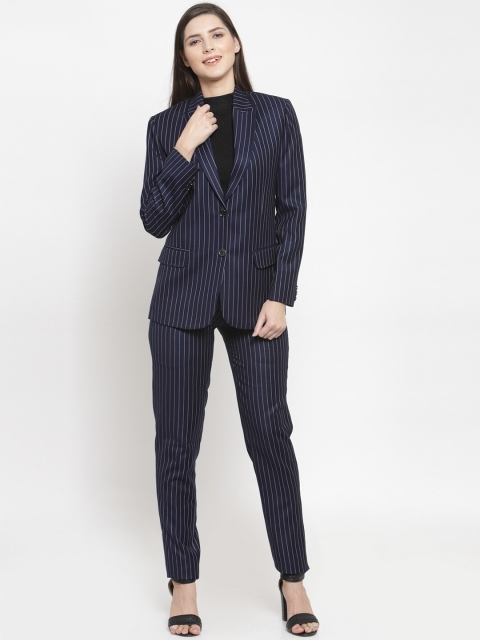 

AUDSTRO Women Navy Blue & White Striped Single-Breasted Two-Piece Formal Suit