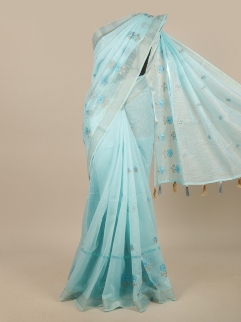 

Pothys Blue & Silver-Toned Embroidered Chanderi Saree