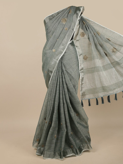 

Pothys Green & Beige Embroidered Linen Blend Saree