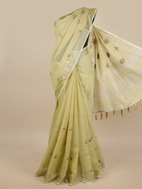 

Pothys Green & Silver-Toned Embellished Mirror Work Linen Blend Saree
