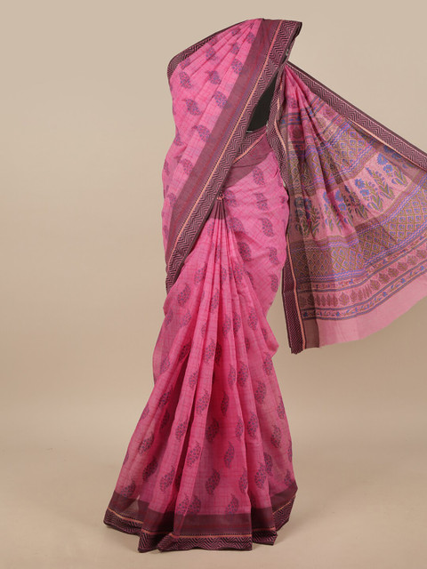 

Pothys Pink & Violet Ethnic Motifs Chanderi Saree