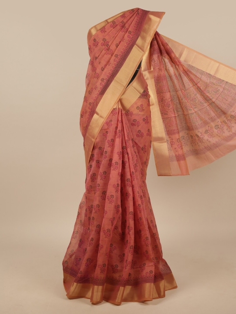 

Pothys Pink & Gold-Toned Floral Chanderi Saree