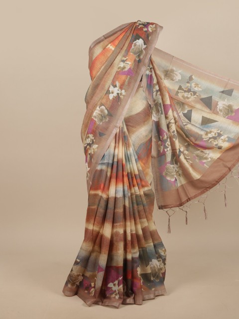 

Pothys Brown & Pink Printed Linen Blend Saree