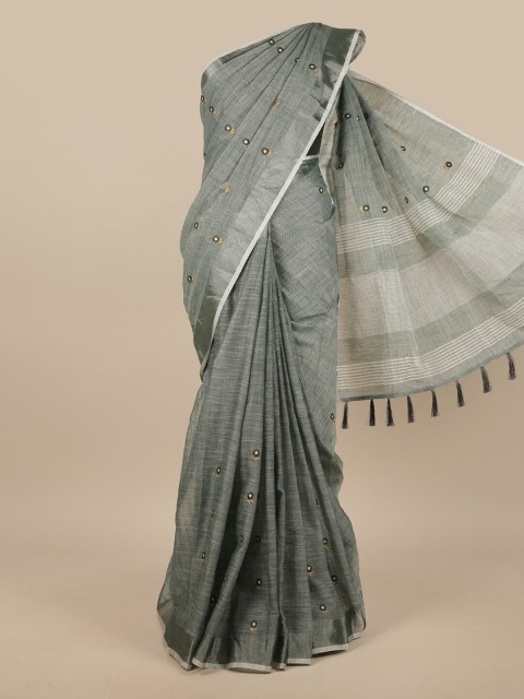 

Pothys Grey & Yellow Embroidered Linen Blend Saree