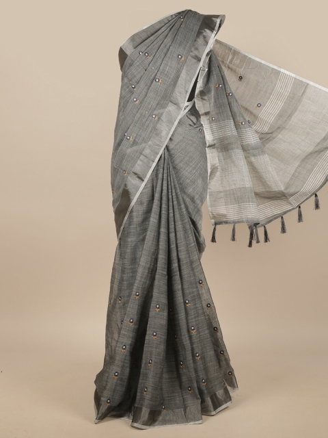 

Pothys Grey & Yellow Embellished Linen Blend Saree