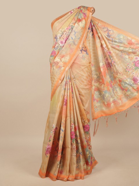 

Pothys Peach-Coloured Floral Linen Blend Saree
