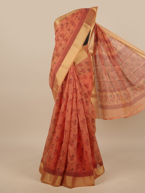 

Pothys Peach-Coloured & Gold-Toned Floral Chanderi Saree