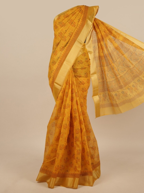 

Pothys Mustard & Brown Floral Chanderi Saree