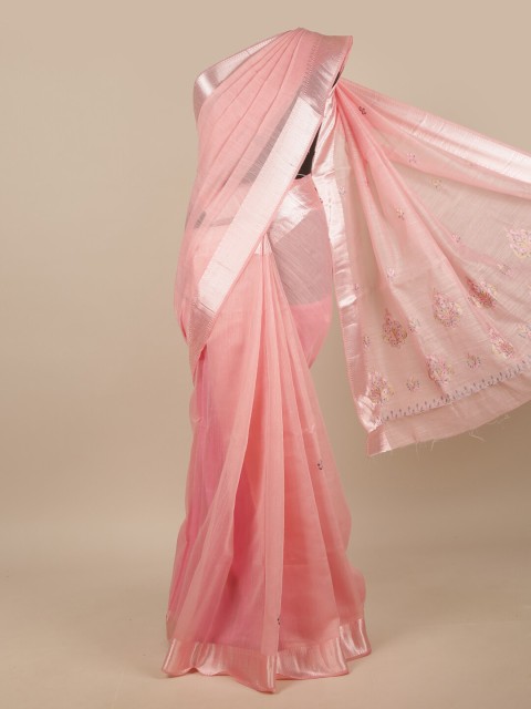 

Pothys Pink & Silver-Toned Embroidered Chanderi Saree
