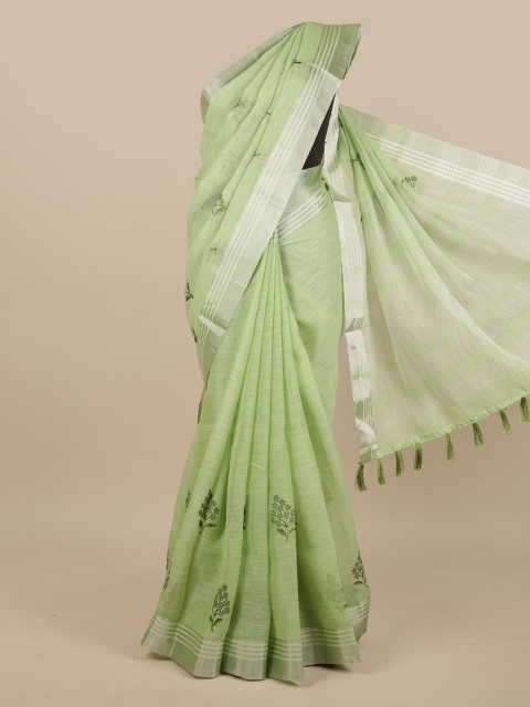 

Pothys Green & Silver-Toned Embroidered Linen Blend Saree