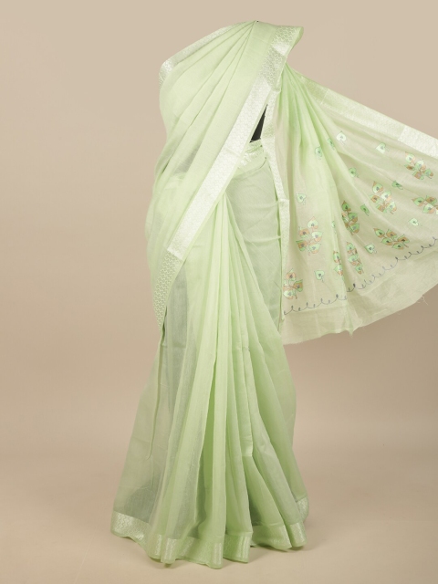 

Pothys Sea Green & Beige Embroidered Chanderi Saree
