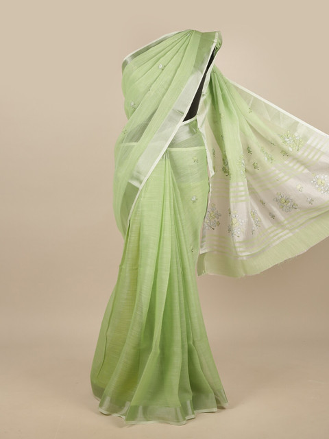 

Pothys Sea Green & Silver-Toned Embroidered Linen Blend Saree