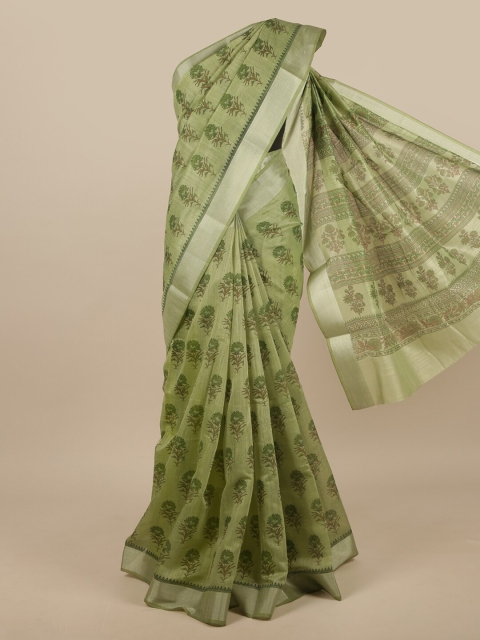 

Pothys Green & Silver-Toned Ethnic Motifs Chanderi Saree
