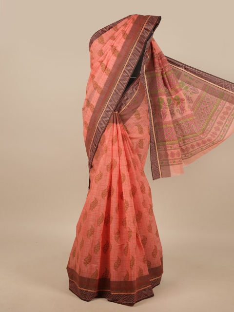 

Pothys Peach-Coloured & Green Printed Chanderi Saree