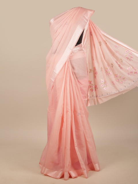 

Pothys Pink & Silver-Toned Embriodered Chanderi Saree