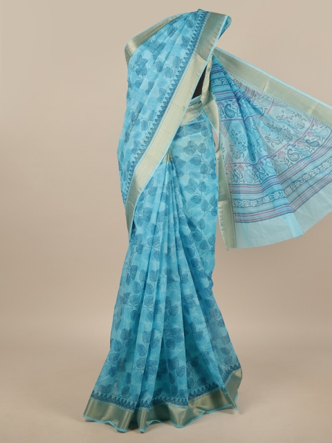 

Pothys Blue & Gold-Toned Floral Chanderi Saree