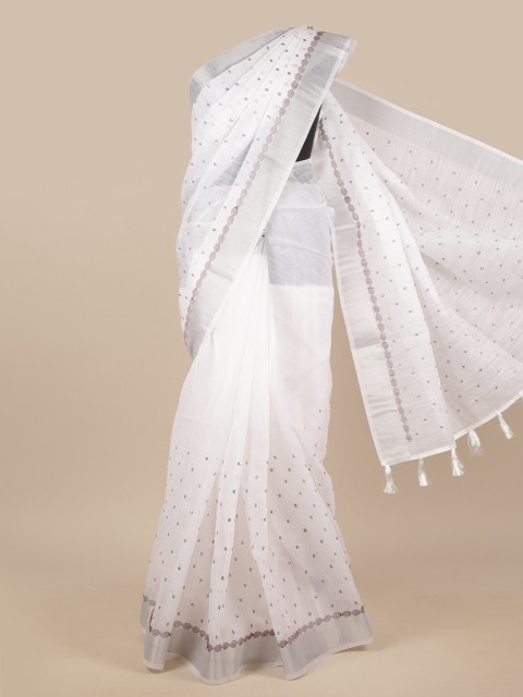 

Pothys White & Grey Embroidered Linen Blend Saree