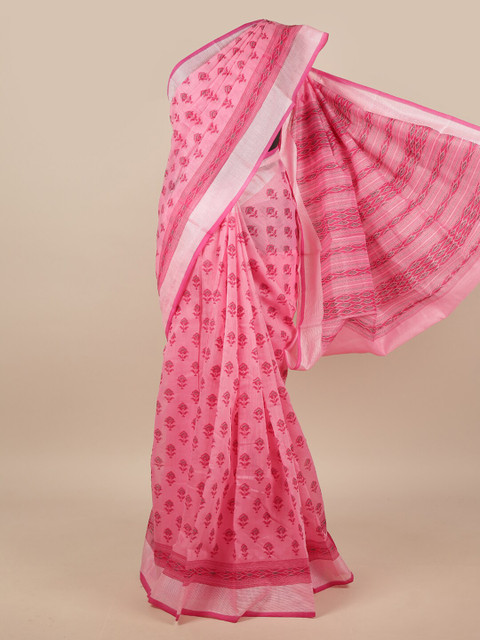 

Pothys Pink & White Floral Chanderi Saree