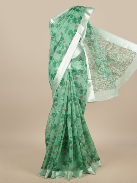 

Pothys Green & Silver-Toned Floral Chanderi Saree