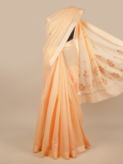 

Pothys Peach-Coloured & Gold-Toned Embroidered Chanderi Saree