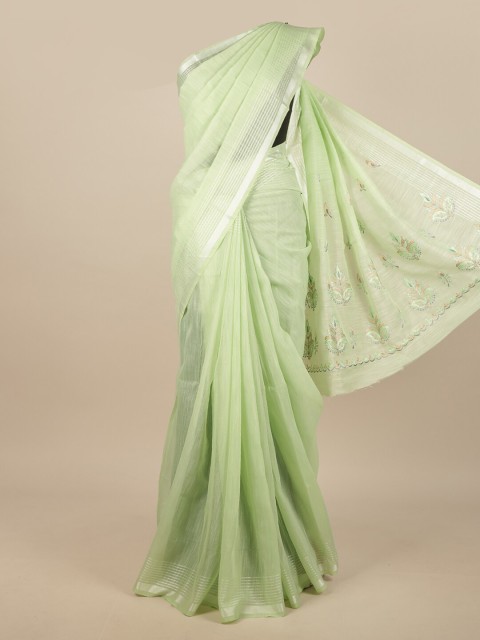 

Pothys Green & Silver-Toned Embroidered Chanderi Saree