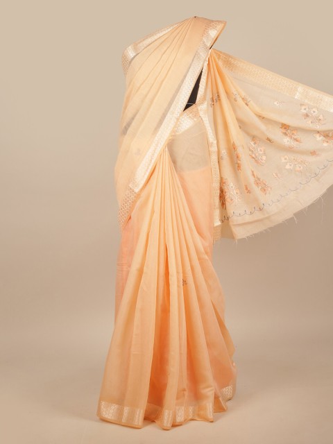 

Pothys Peach-Coloured & Silver-Toned Embroidered Chanderi Saree