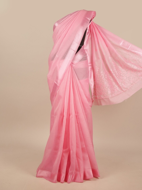 

Pothys Pink & Silver-Toned Embroidered Chanderi Saree