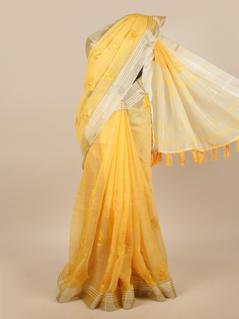 

Pothys Yellow & Silver-Toned Embroidered Linen Blend Saree