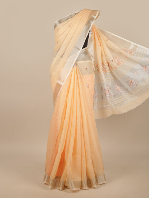 

Pothys Peach-Coloured & Silver-Toned Embroidered Linen Blend Saree
