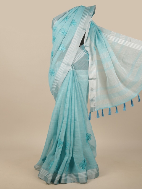 

Pothys Blue & Silver-Toned Embroidered Linen Blend Saree