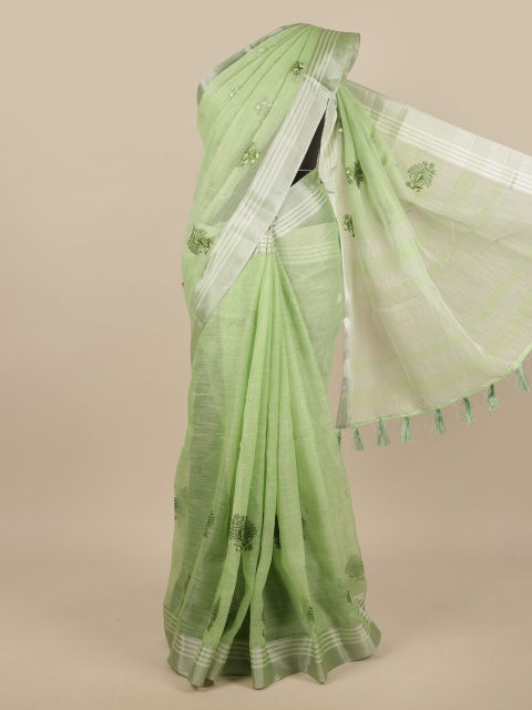 

Pothys Green & Silver-Toned Embroidered Linen Blend Saree