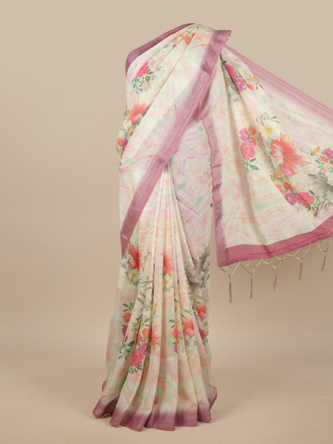 

Pothys Cream-Coloured & Pink Floral Linen Blend Saree