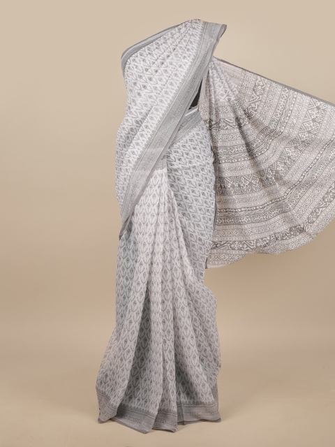 

Pothys White & Grey Floral Chanderi Saree